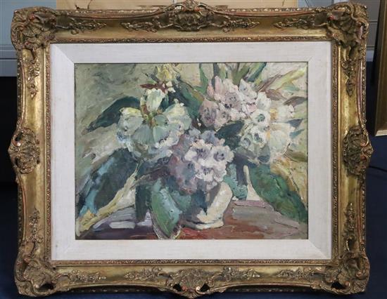 § Attributed to Dorothea Sharp RBA, ROI (1874-1955) Still life of rhododendron flowers in a white jug 15 x 20in.